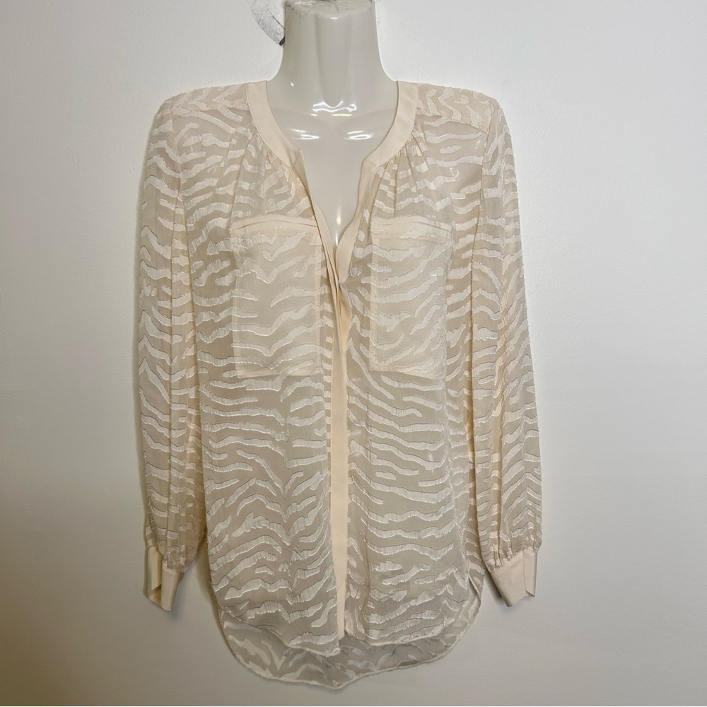 ◾️Rebecca Taylor Sheer Silk Blend Zebra Print Front Pocket  Blouse